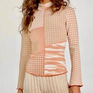 NEW Jonathan Simkhai Xena Patchwork Knit Top Sz L Caramel Combo Mock Neck NWT